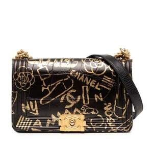 CHANEL Boy Chanel Crocodile Embossed Chain Shoulder Bag in Black and Gold Lea...